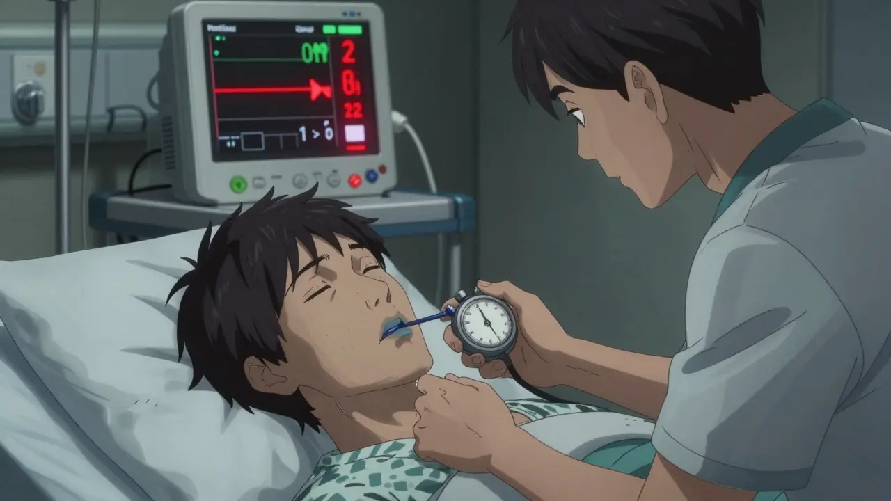Caregiver monitoring a patient with low oxygen levels and slow breathing in a tense hospital scene.