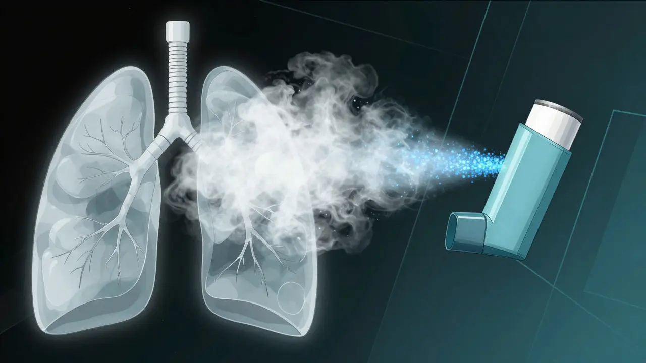 Conceptual art comparing inefficient nebulizer mist vs efficient inhaler spray