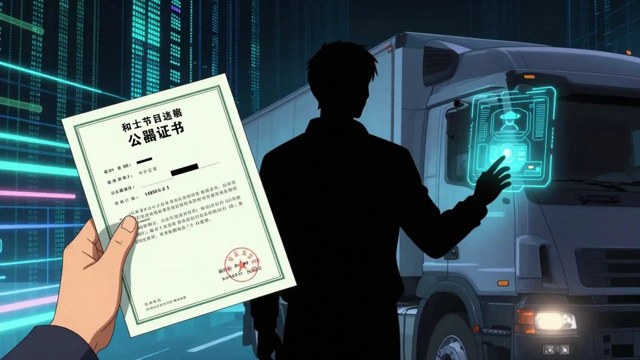 Conceptual art of truck driver facing biometric monitoring tech