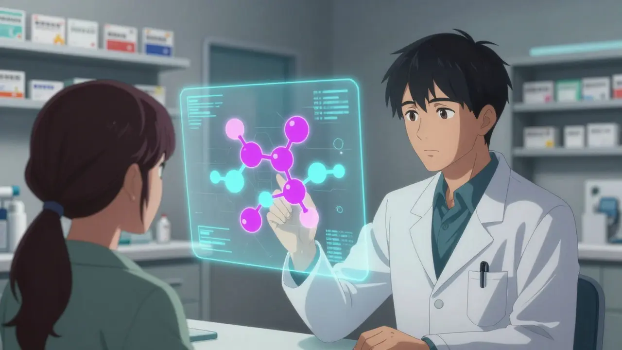 Doctor and patient reviewing a shifting holographic drug molecule in a clinic