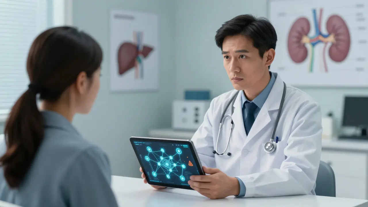 Doctor and patient reviewing drug interaction data on a tablet in a clinic