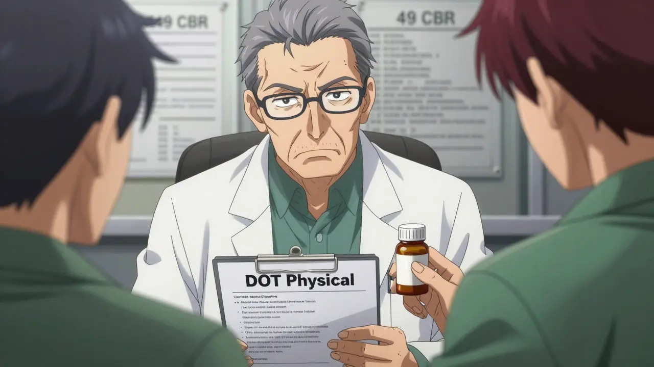 Doctor examining truck driver's prescription during DOT physical