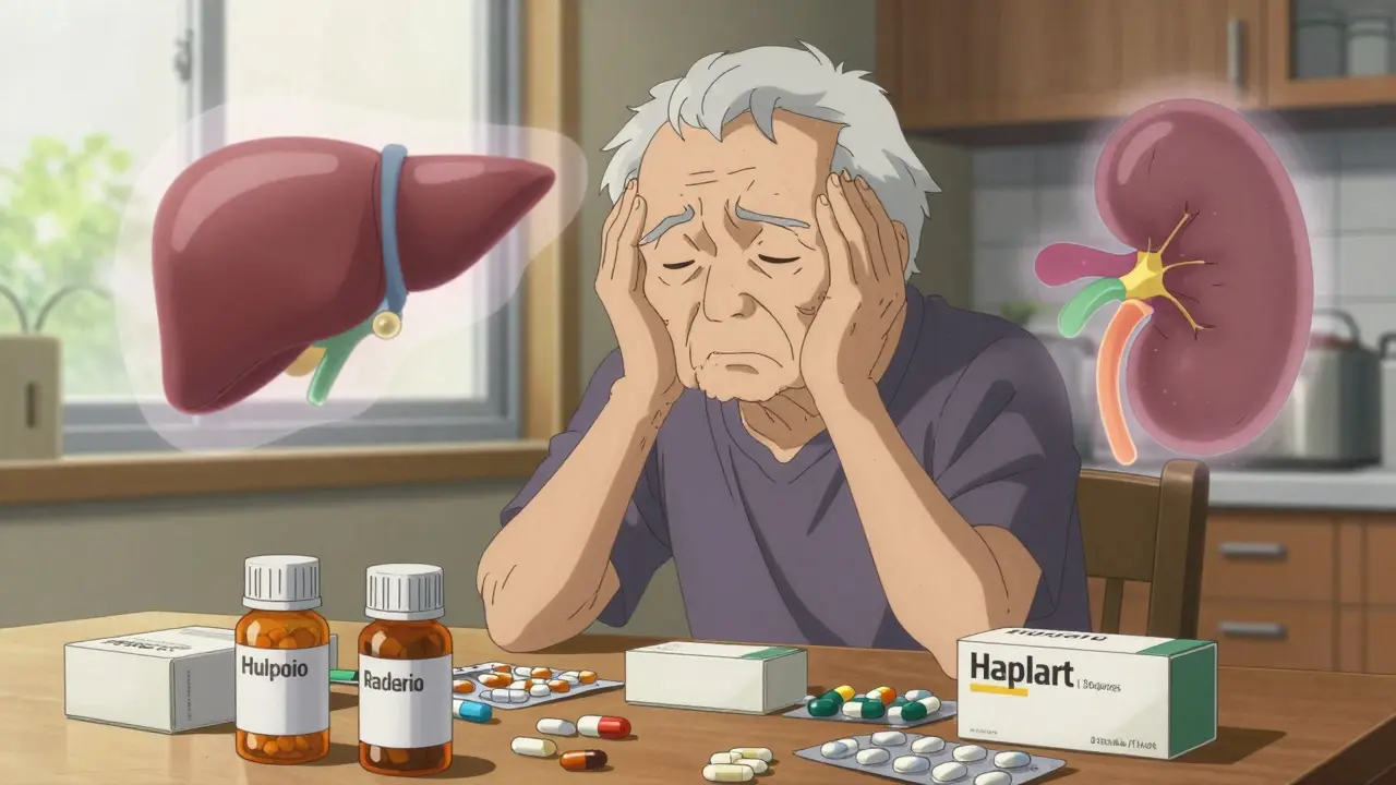 Elderly person surrounded by pill bottles with visual metaphors for strained organ function.