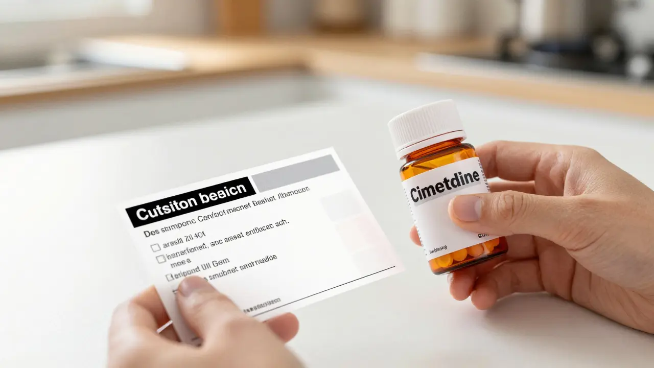 Hand holding cimetidine bottle and discount coupon on kitchen counter