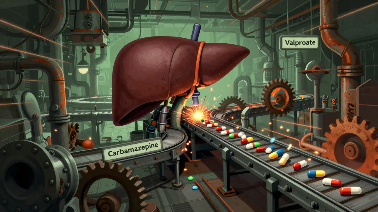 Industrial metaphor of liver enzymes interacting with Valproate and Carbamazepine