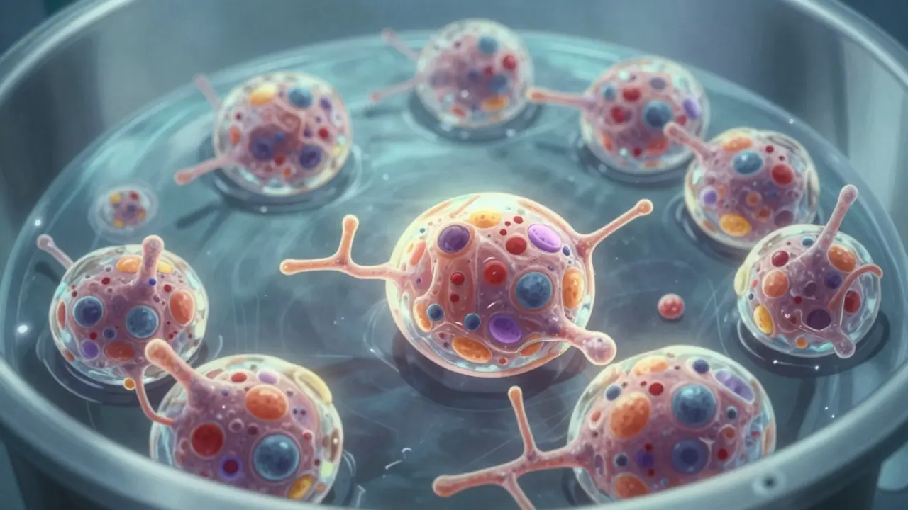Macro view of CHO cells producing antibody proteins inside a bioreactor
