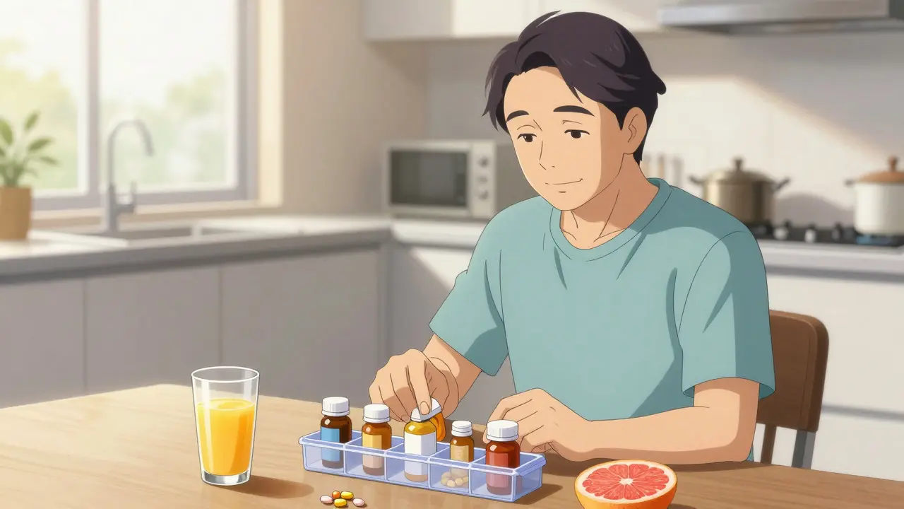 Patient organizing pills and drinking orange juice calmly