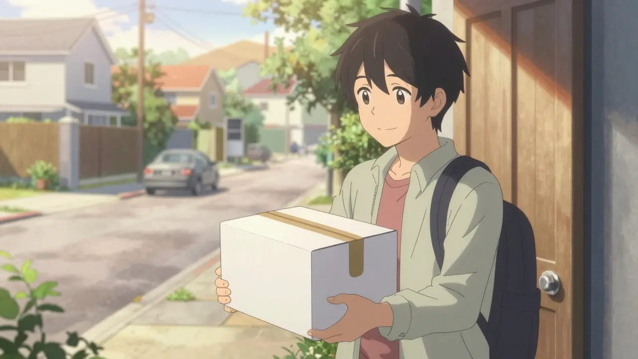 Person smiling while receiving discreet medicine package