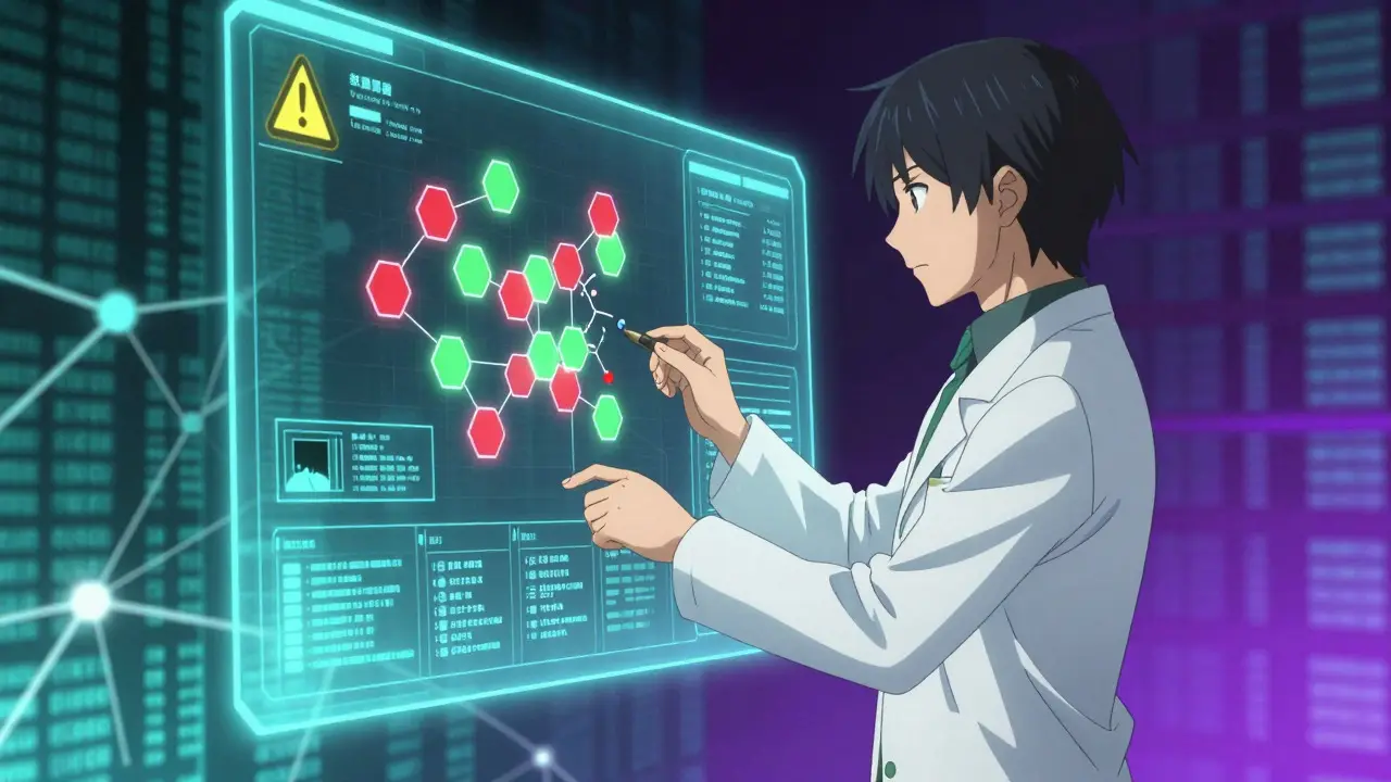 Pharmacist analyzing holographic drug interaction data