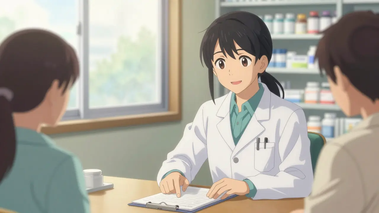 Pharmacist counseling patient with a symptom log, anime style
