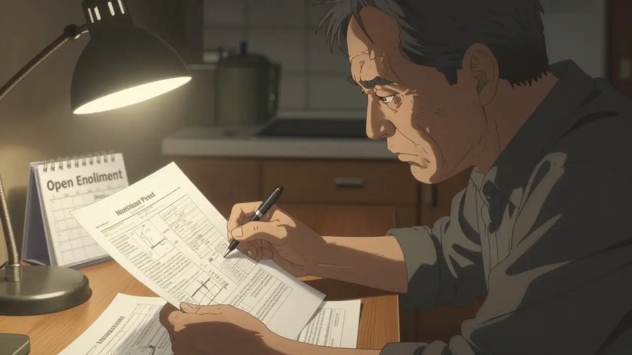 Senior man reviewing insurance plans at home desk