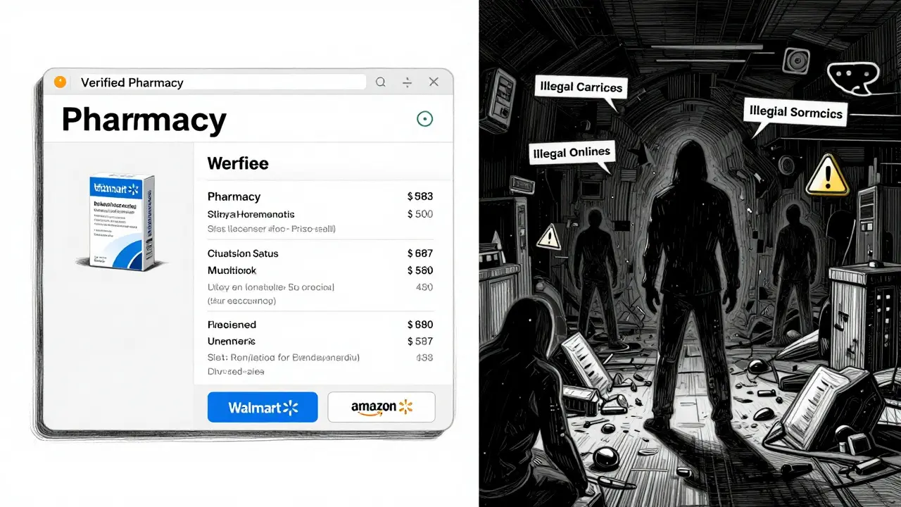 Split screen contrasting safe verified pharmacy with dangerous fake site