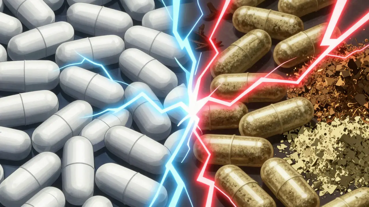 Symbolic clash between medicine pills and herbal supplements