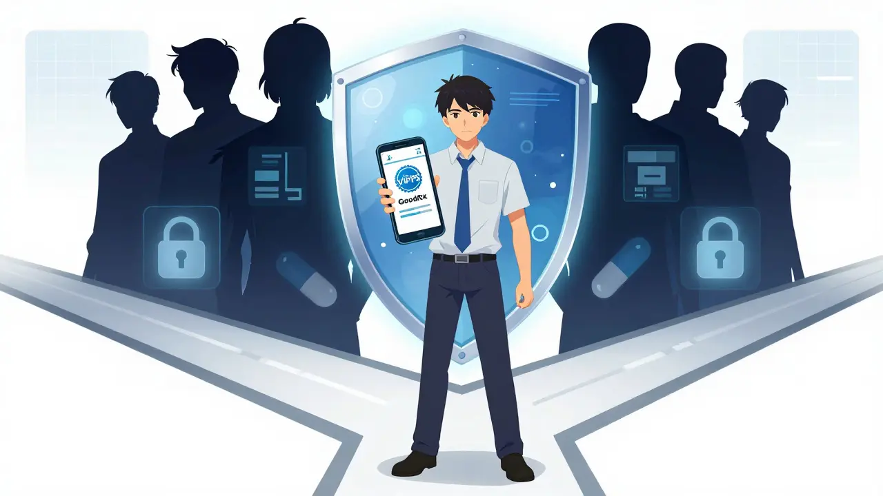 User safely verifying online pharmacy credentials and coupons