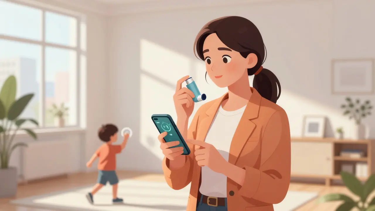 Woman using smart inhaler app in bright modern home, feeling empowered
