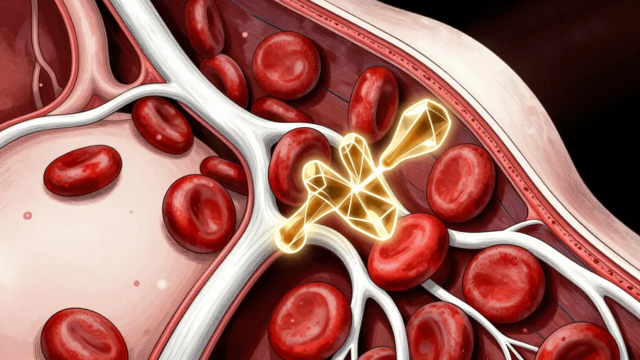 Abstract view of curcumin molecules blocking blood platelets in red veins.