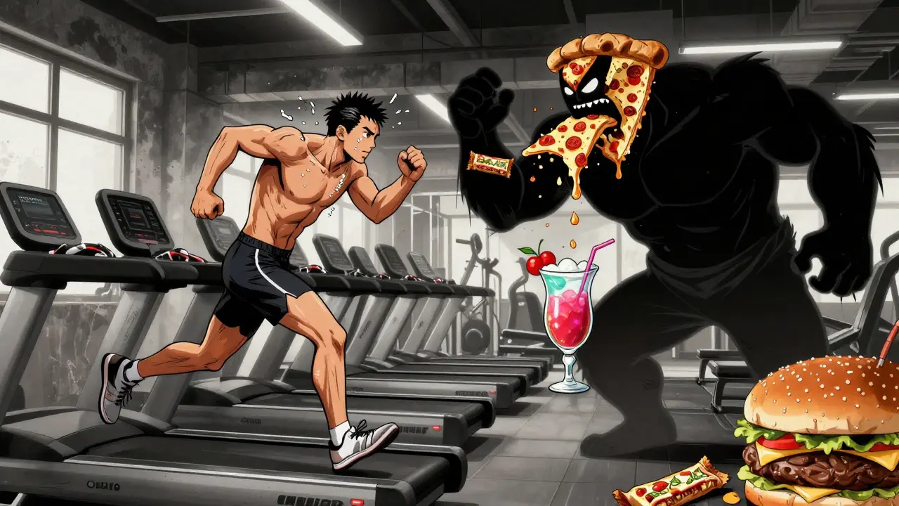 Anime runner struggling against a monster made of junk food in a gym setting.