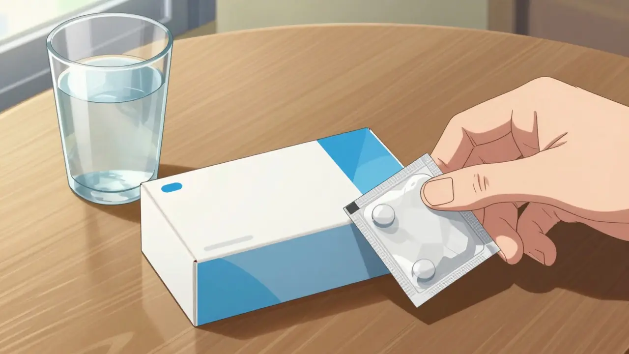 Anime style hand picking up sealed medicine box
