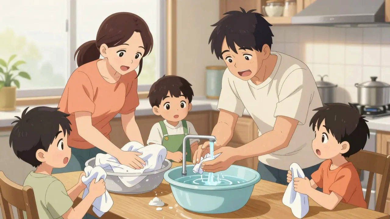Anime style image of a family washing hands and laundry together