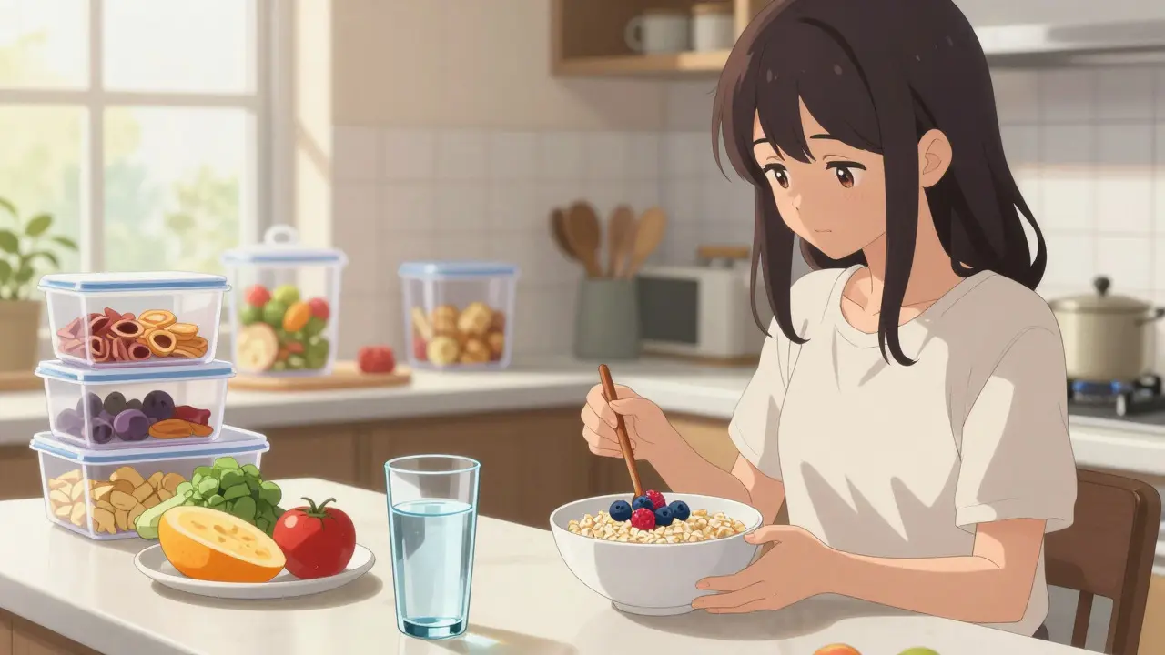 Anime woman preparing healthy breakfast with visible fruits and hidden snacks.