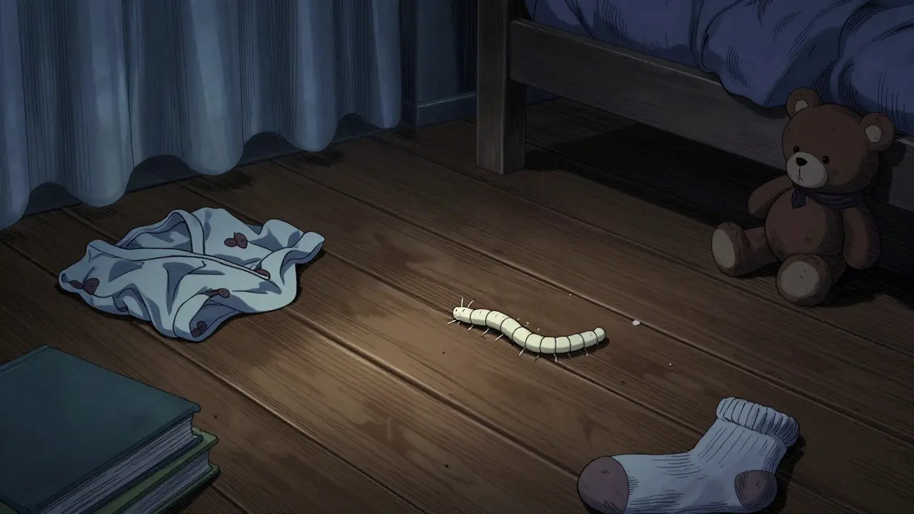 Close-up anime art of a pinworm crawling on a bedroom floor at night