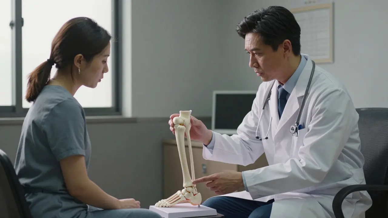 Doctor explaining tendon risks to patient with leg model