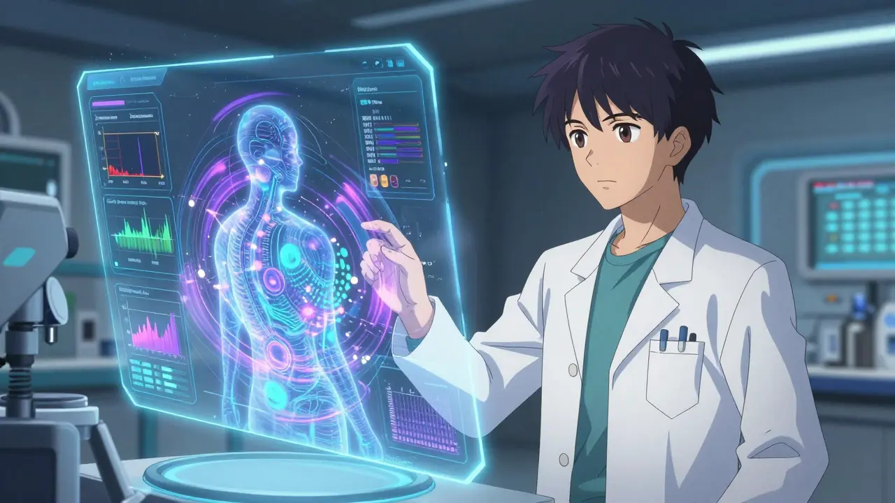 Futuristic lab scene showing multi-omics analysis for personalized medicine