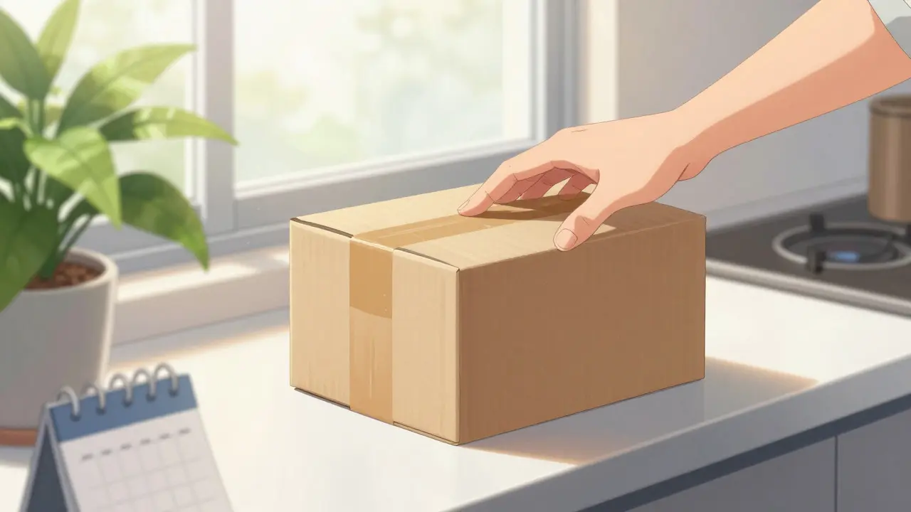 Hand placing a sealed delivery package on a kitchen counter near a plant