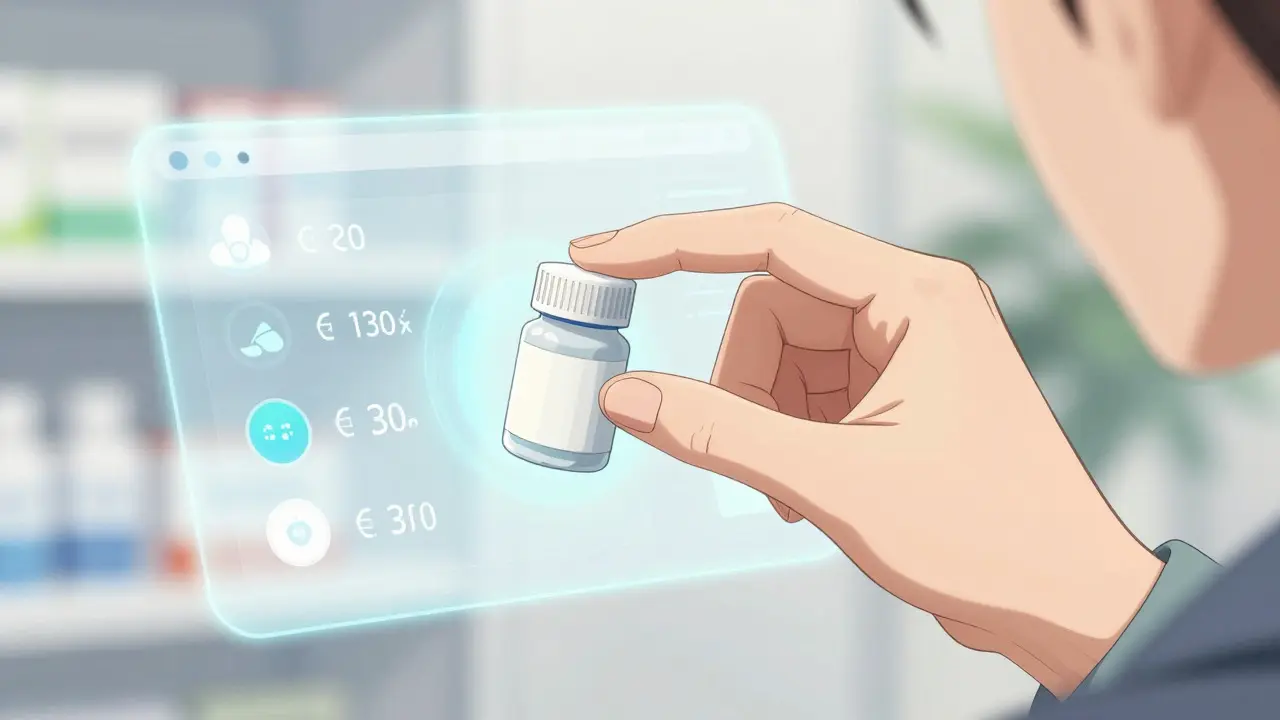 Hand selecting a medicine bottle from a digital interface