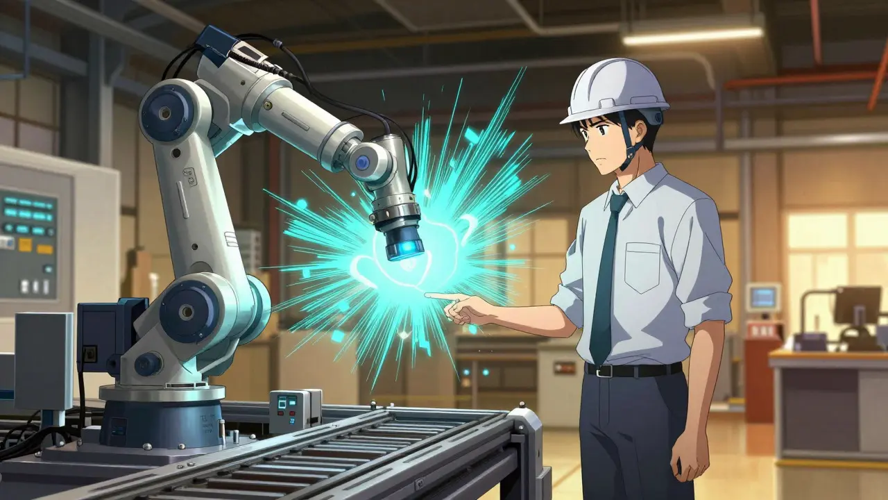 Inspector and AI robot scanning factory line in anime style