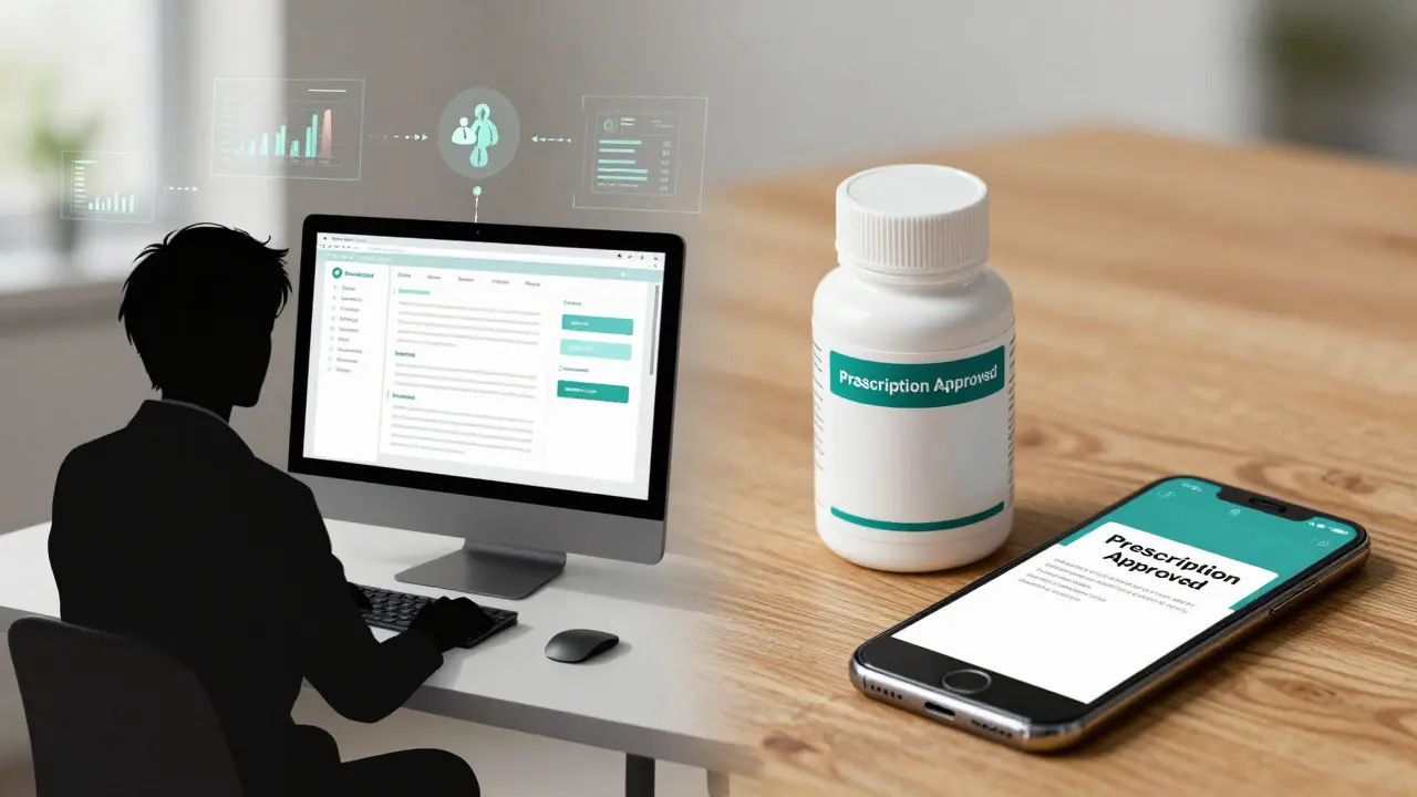 Medication bottle and phone showing prescription approval