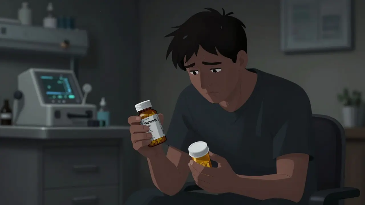 Patient holding turmeric and blood thinner pills in a dim, serious setting.