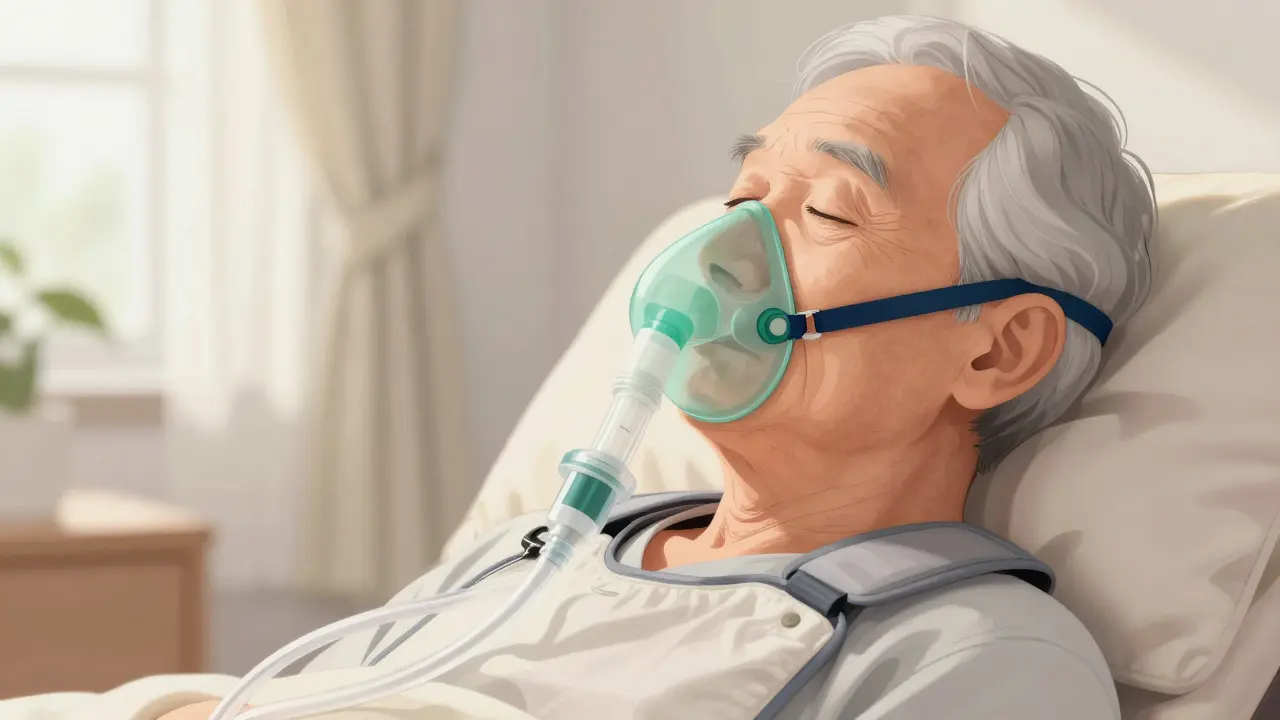 Patient using noninvasive ventilation mask for breathing support