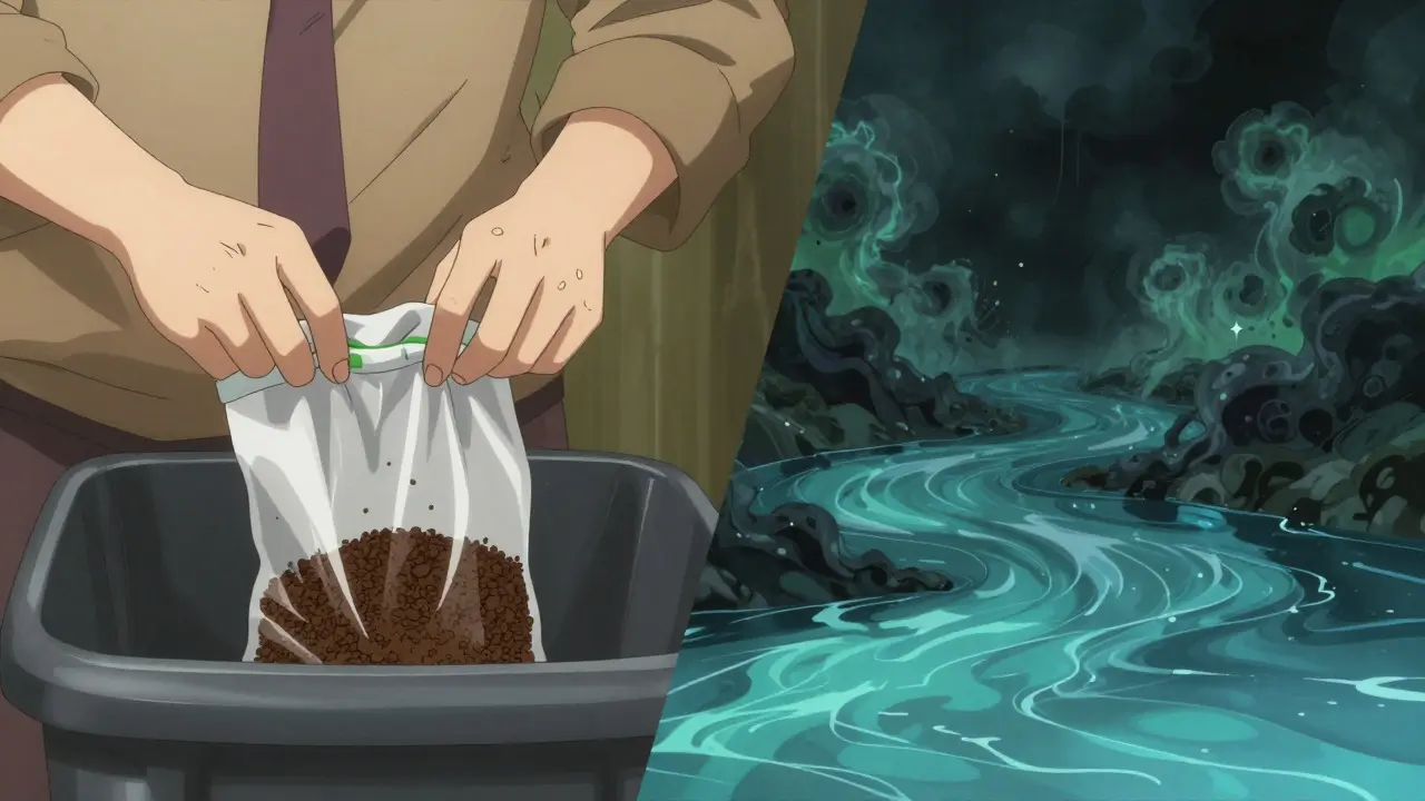 Person disposing meds safely vs polluted water imagery