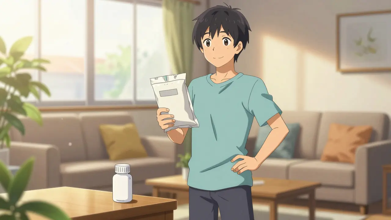 Person receiving a medication delivery package at home
