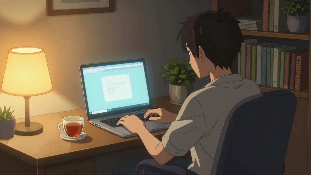 Person using a laptop in a cozy home office for an online health consultation
