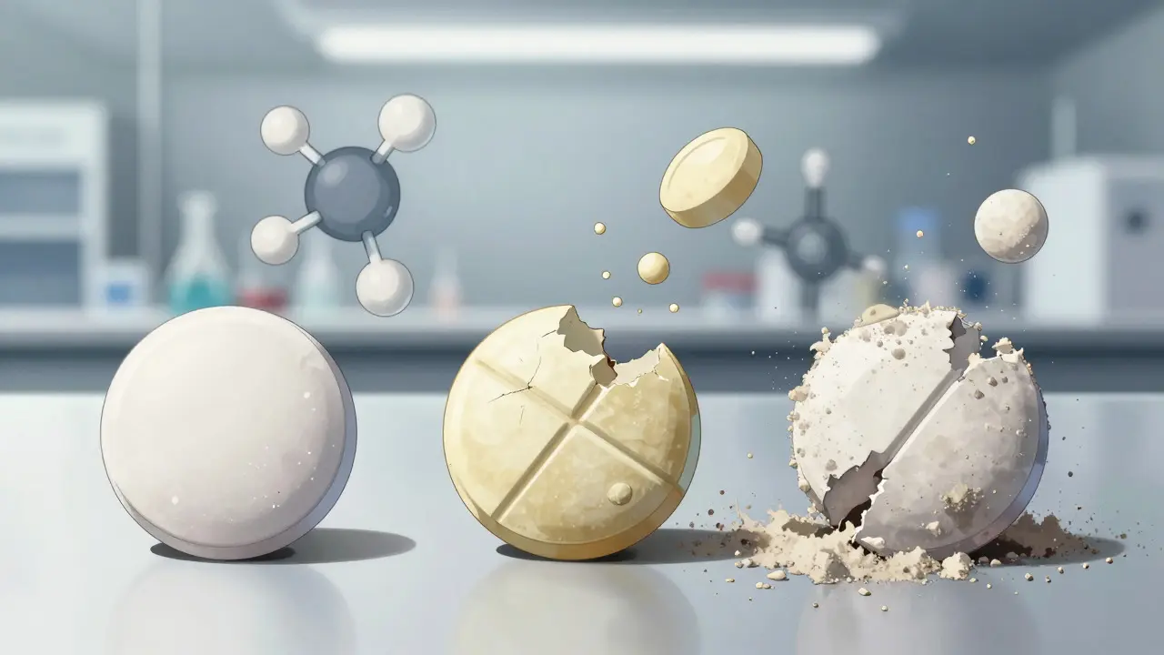 Pill degrading from solid to dust showing potency loss