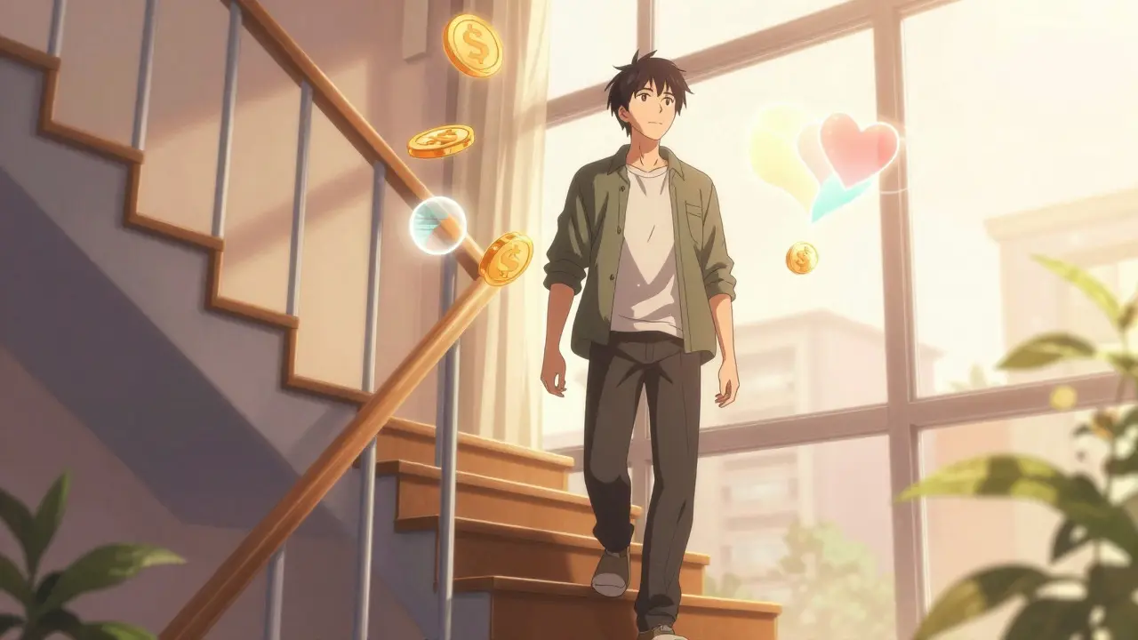 Relieved man walking upstairs, symbolizing improved health