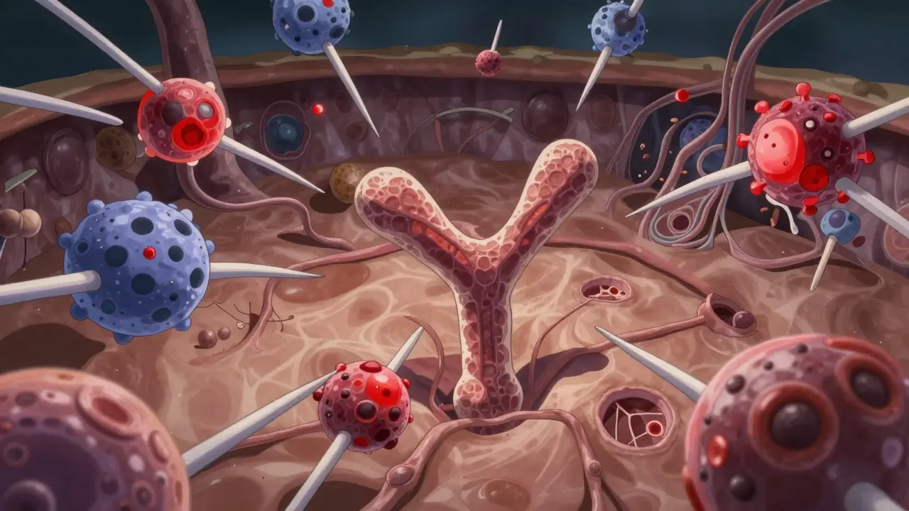 Seinen style illustration of antibodies attacking a therapeutic protein