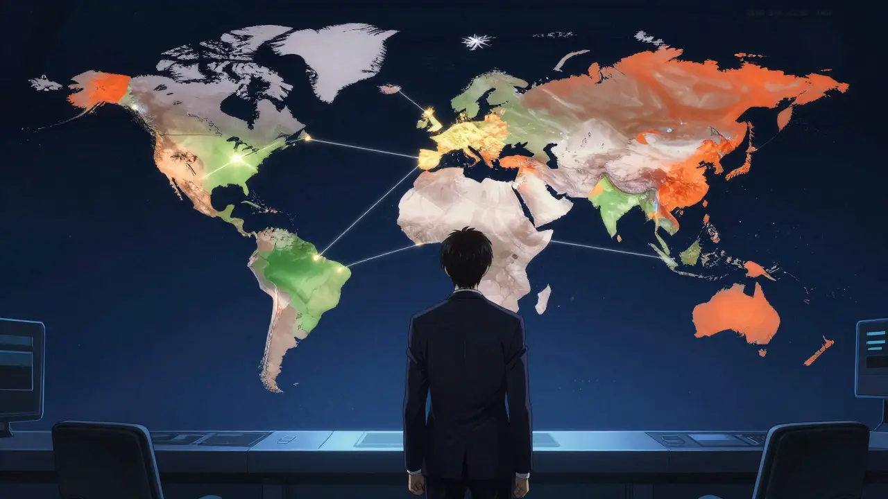 Strategist viewing global supply chain map in anime style