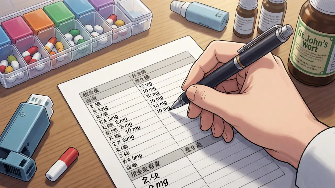 Hand writing detailed medication list on card