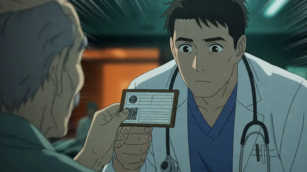 Patient handing medication card to ER doctor